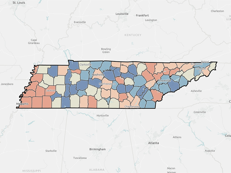 low birth weight prevelance map for Tennessee