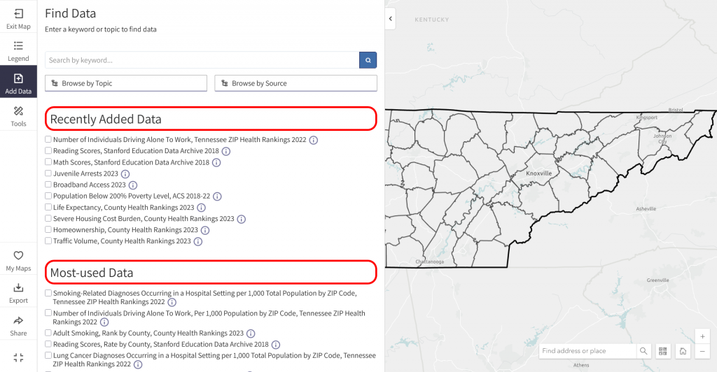 Map Builder Find Data pane with Recently Added Data and Most-used Data highlighted