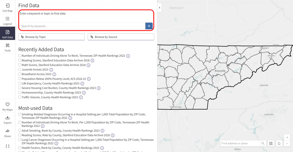 Map Builder Find Data pane with search bar highlighted