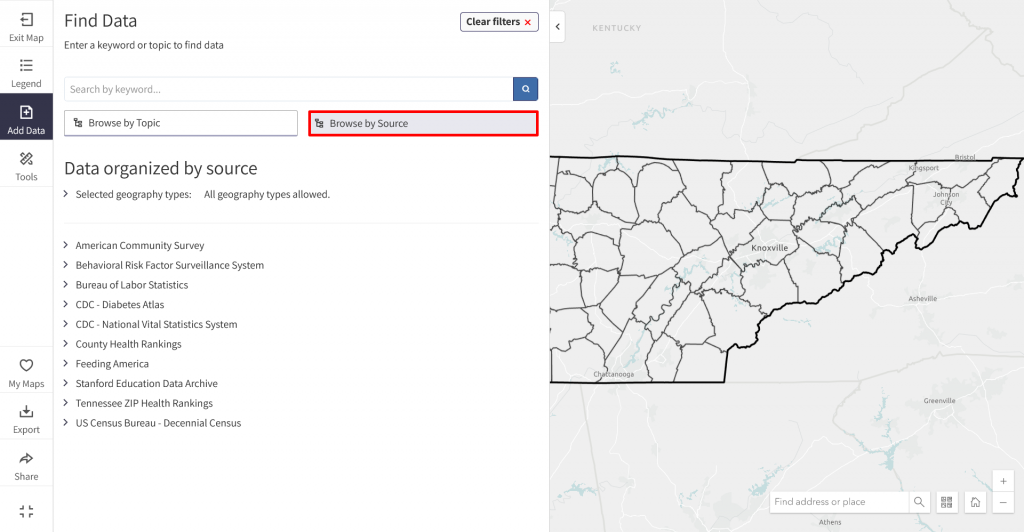 Find Data pane with Browse by Source highlighted