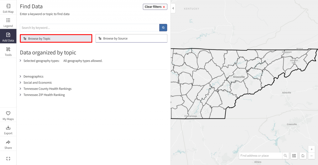 Find Data pane with Browse by Topic highlighted