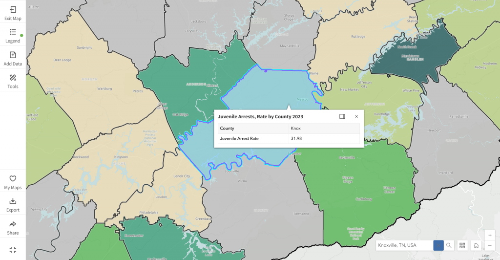 Map Builder showing Knox county selection and data popup